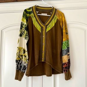 Free People Mixed-Print Button Down Top in Brown, Olive, Yellow